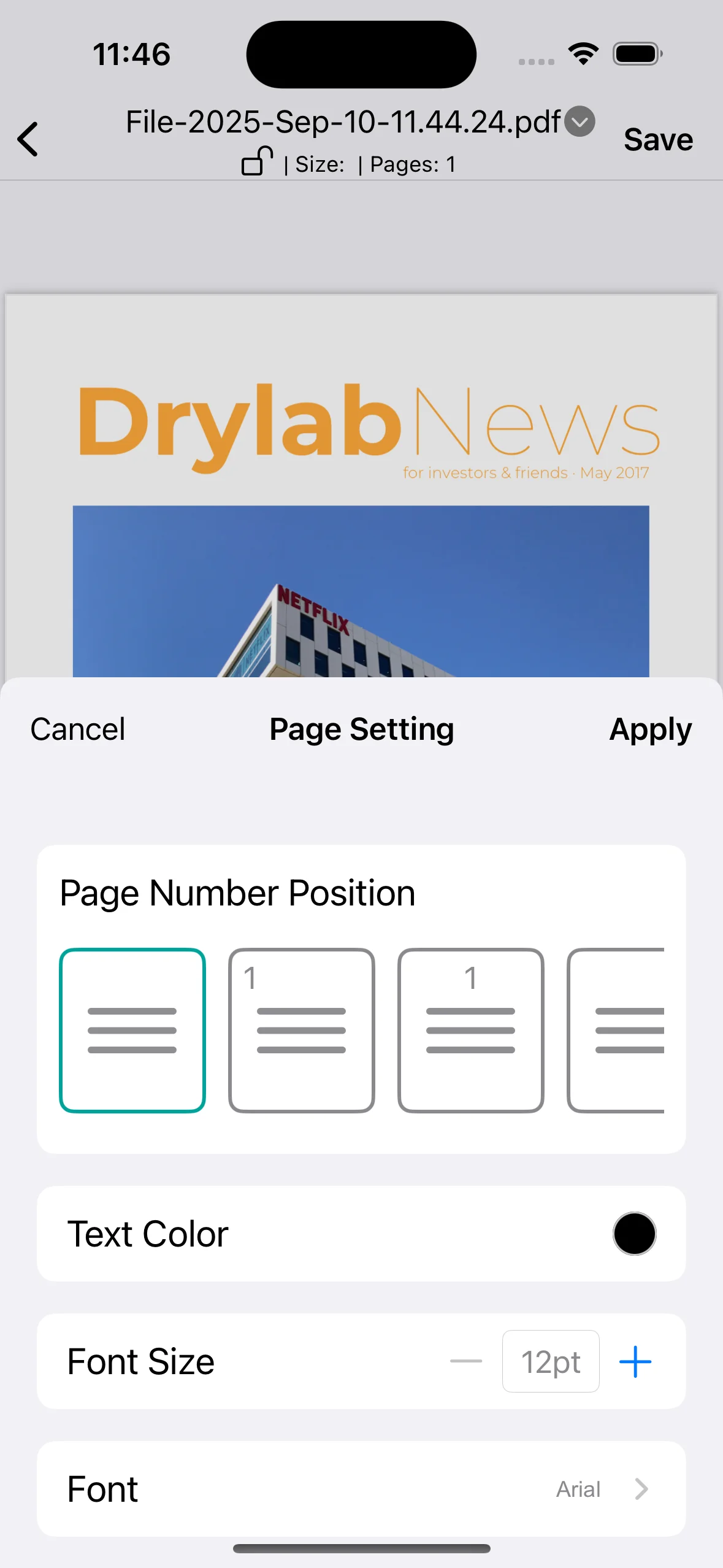 Add page numbers feature screenshot of PDFAPP