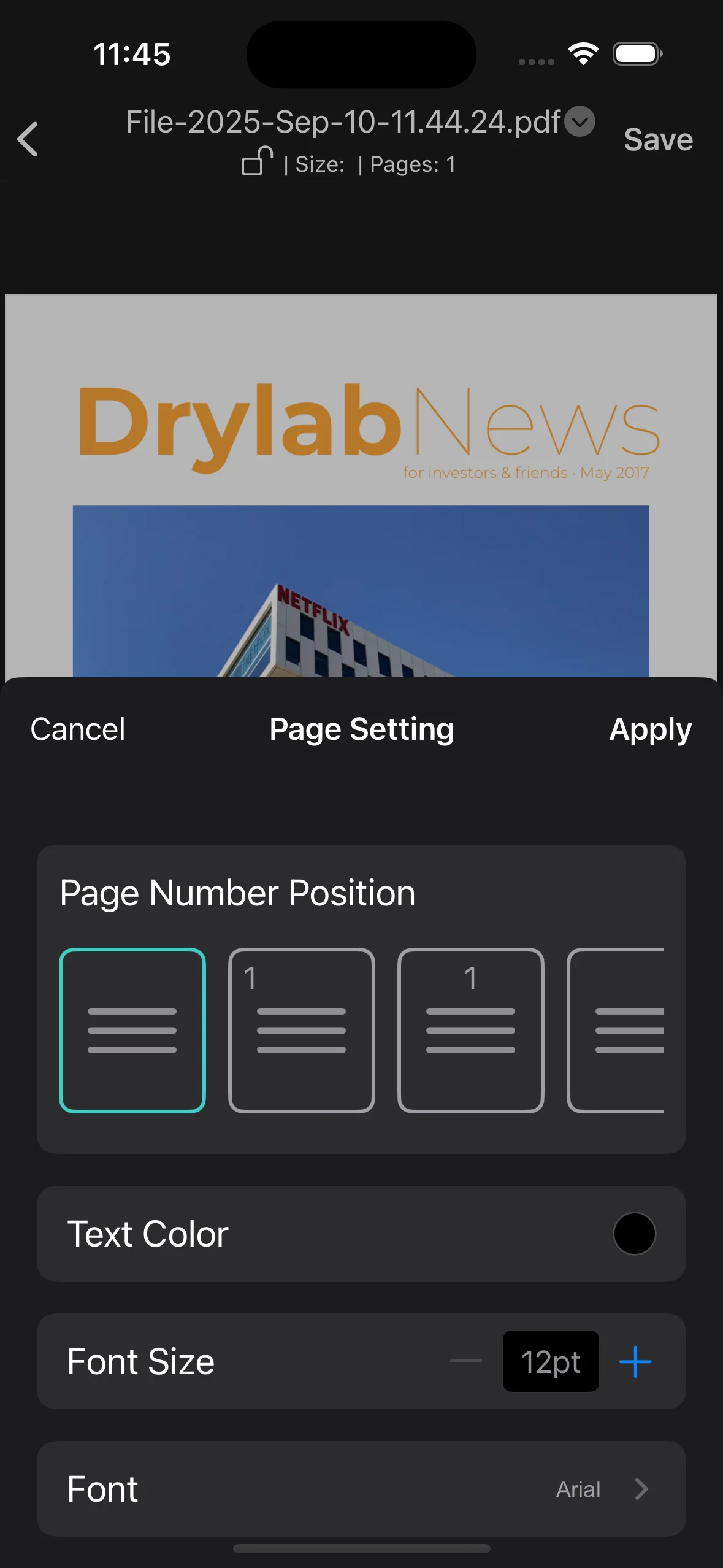 Add page numbers feature screenshot of PDFAPP