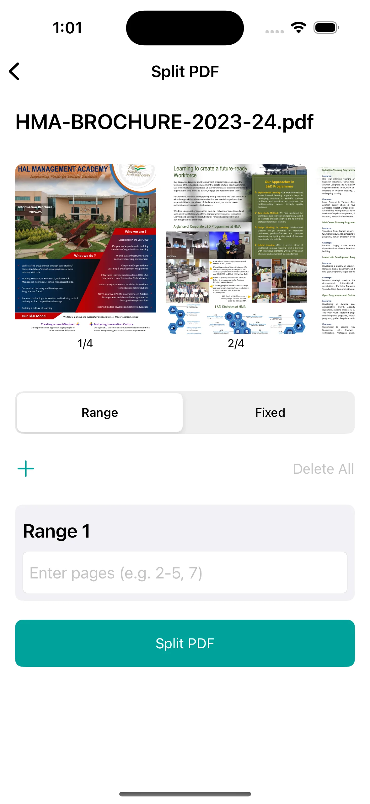 Split PDF feature screenshot of PDFAPP